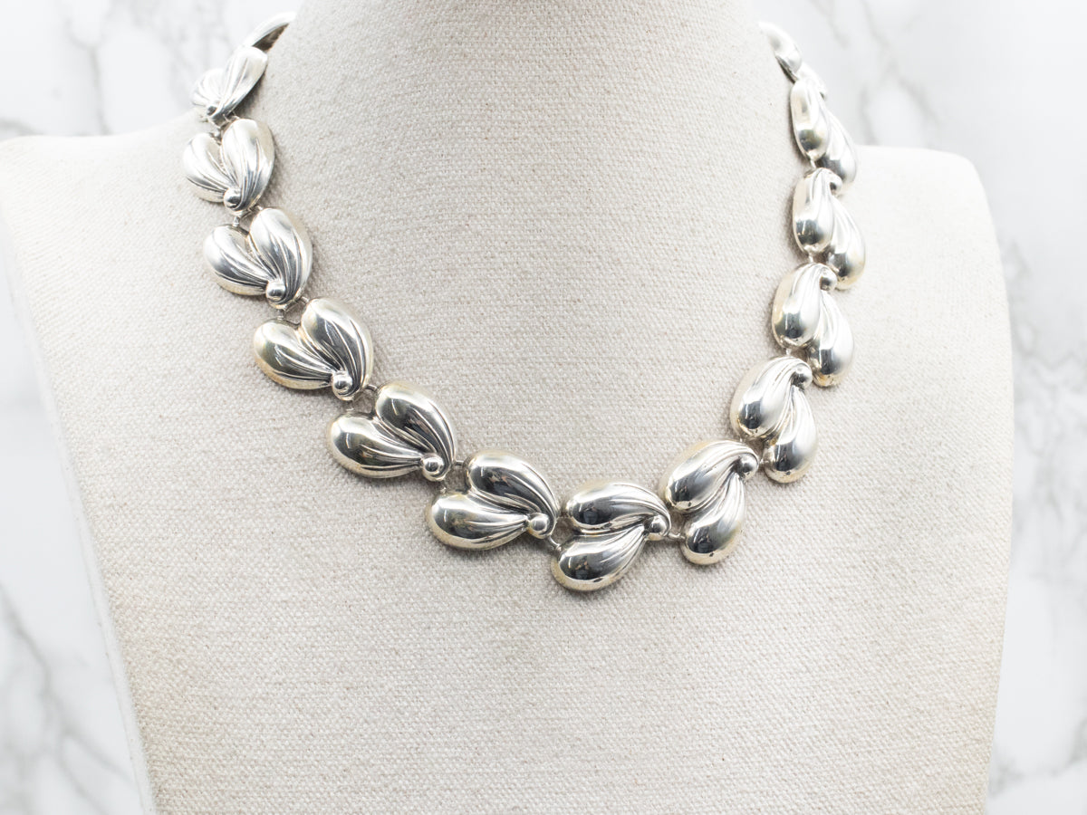 Sterling Silver Smooth Double Leaf Link Choker Necklace