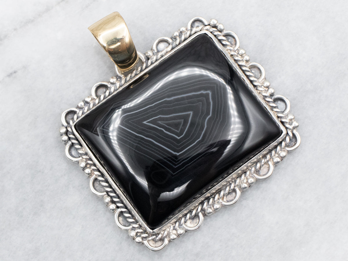 Mixed Metal Rectangular Banded Onyx Pendant with Twisted Frame