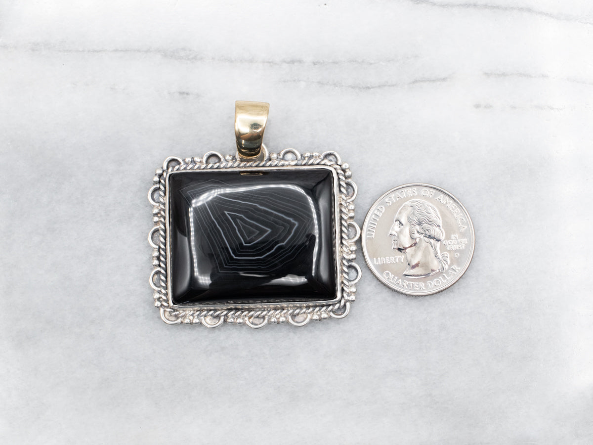 Mixed Metal Rectangular Banded Onyx Pendant with Twisted Frame