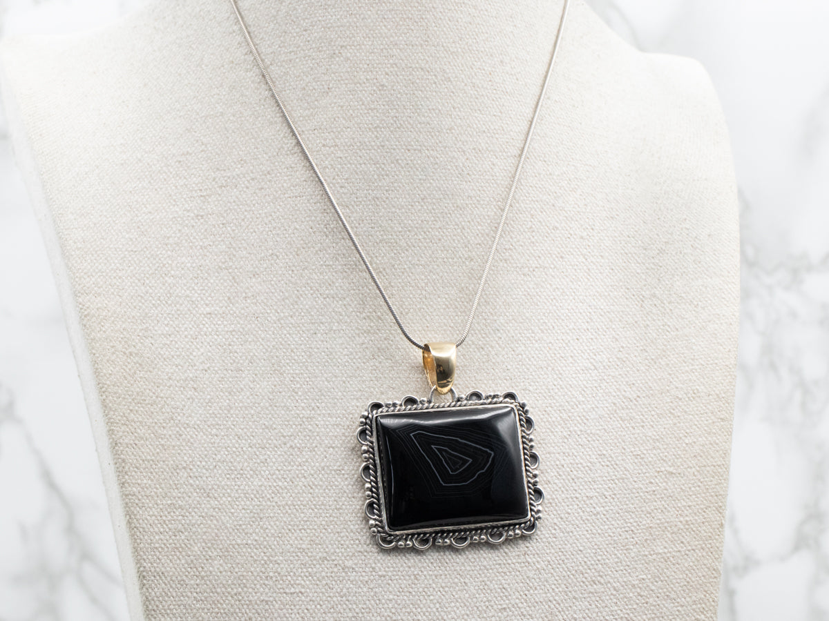 Mixed Metal Rectangular Banded Onyx Pendant with Twisted Frame