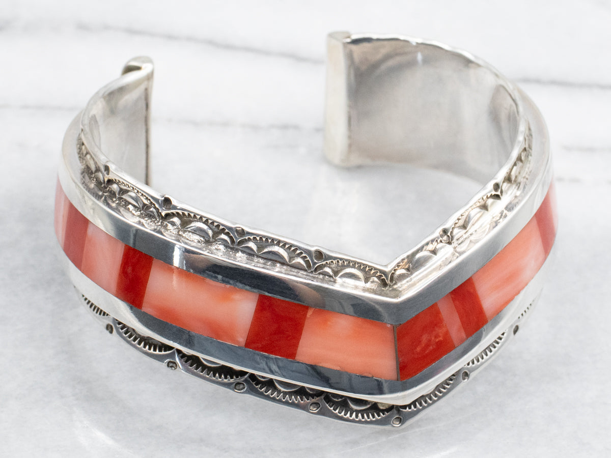 Sterling Silver Zuni Made Coral and Spiny Oyster Cuff Bracelet