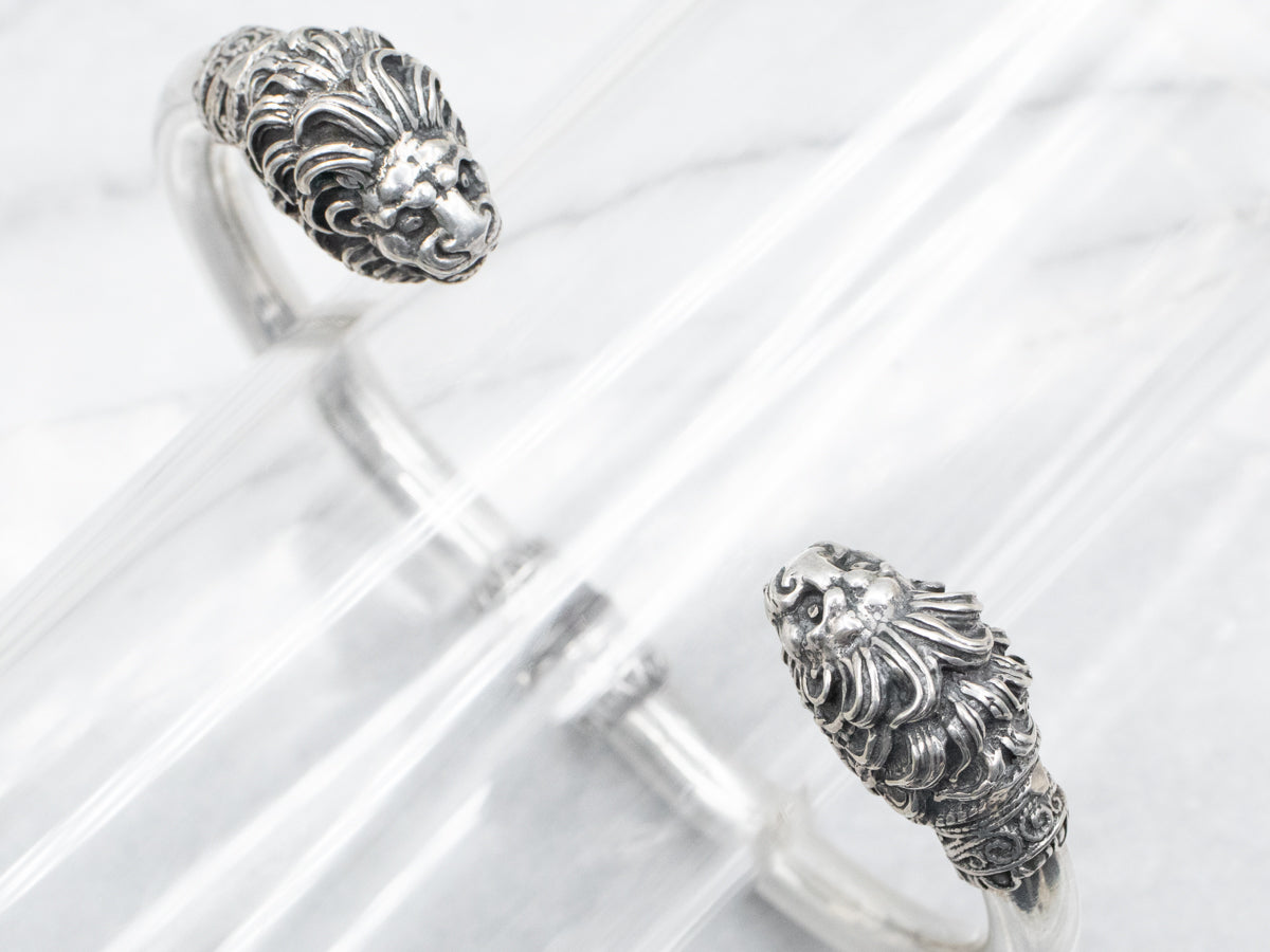 Sterling Silver Lion Hinged Cuff Bracelet