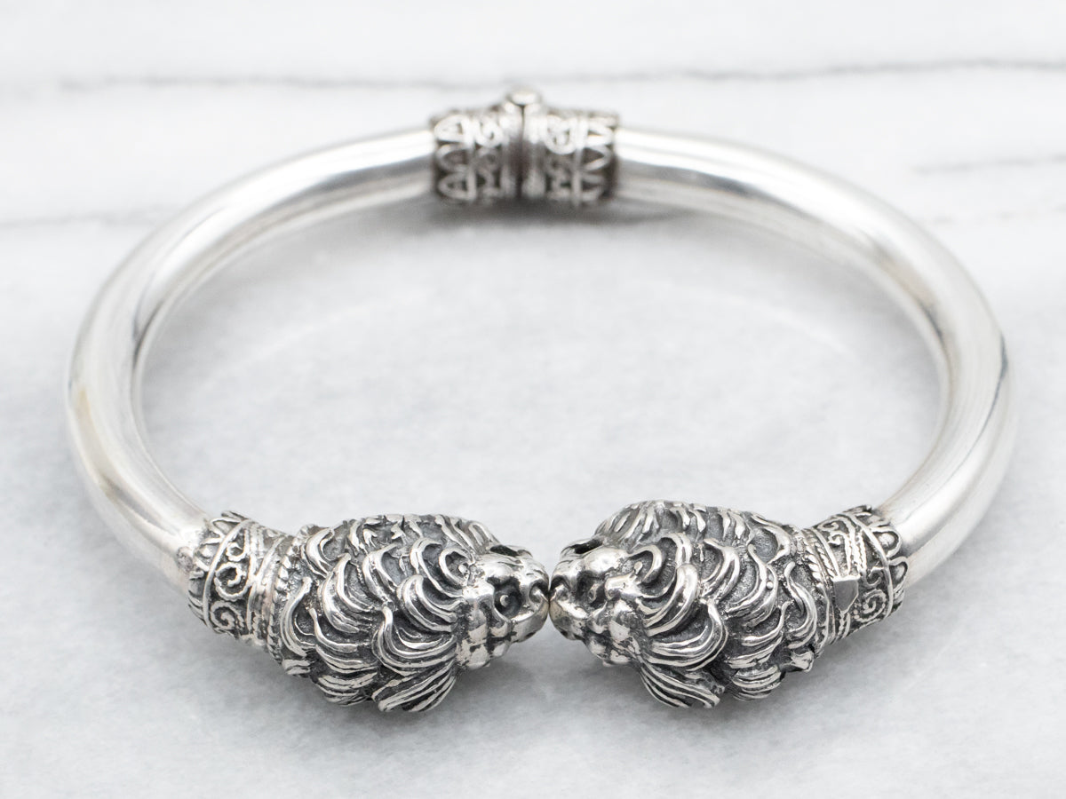 Sterling Silver Lion Hinged Cuff Bracelet