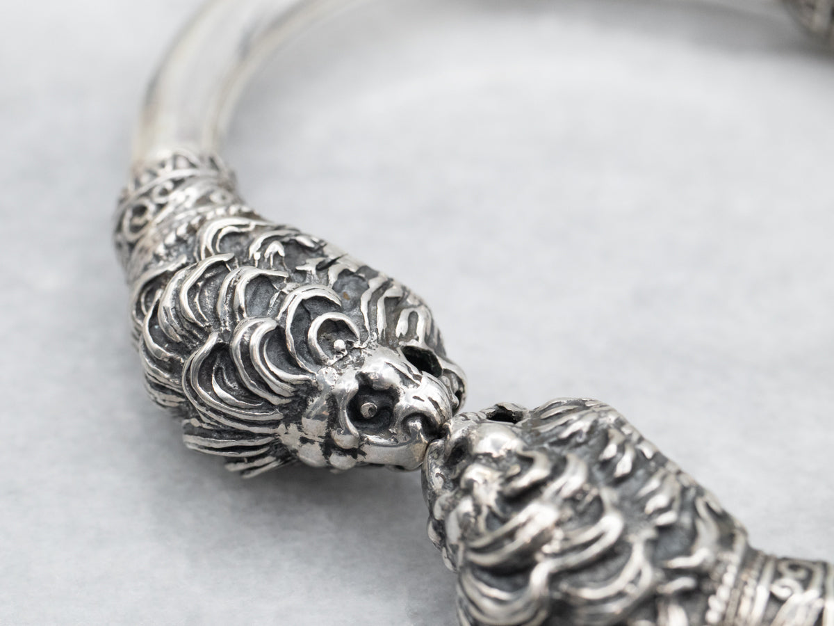 Sterling Silver Lion Hinged Cuff Bracelet