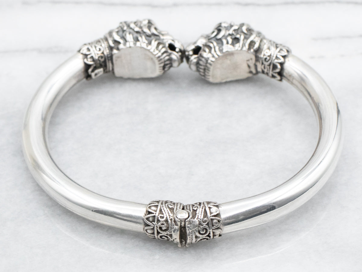 Sterling Silver Lion Hinged Cuff Bracelet