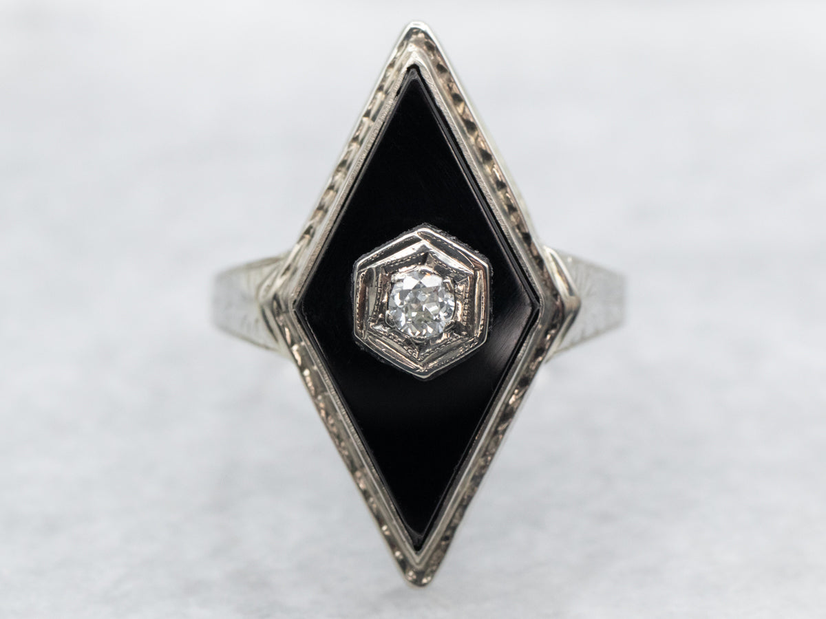 Mid-Century Ladies Onyx and Old Mine Cut Diamond Ring