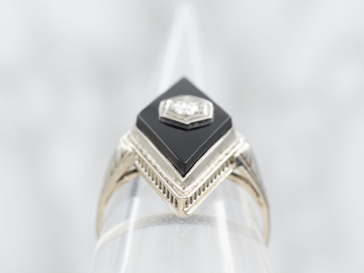 Mid-Century Ladies Onyx and Old Mine Cut Diamond Ring