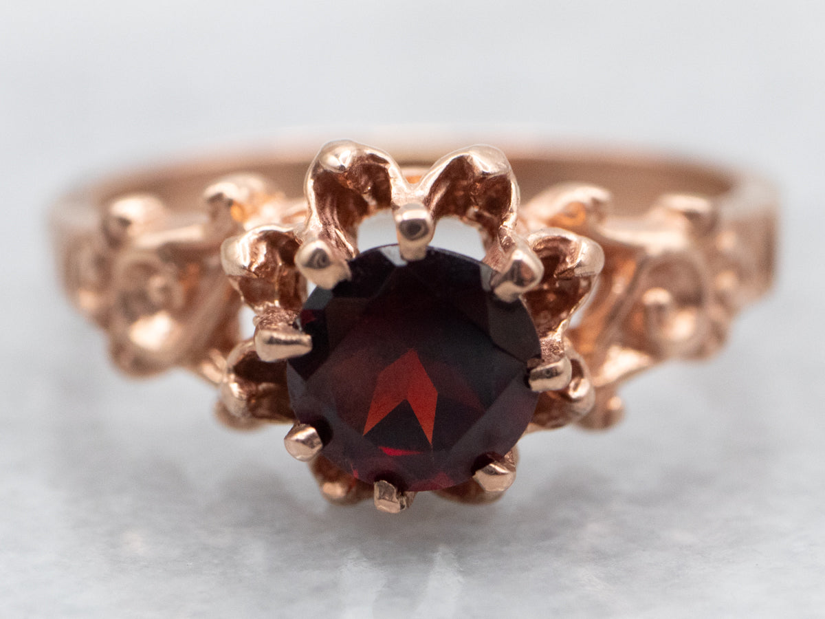 Ornate Rose Gold Garnet Solitaire Ring