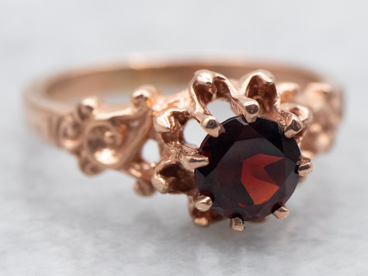 Ornate Rose Gold Garnet Solitaire Ring