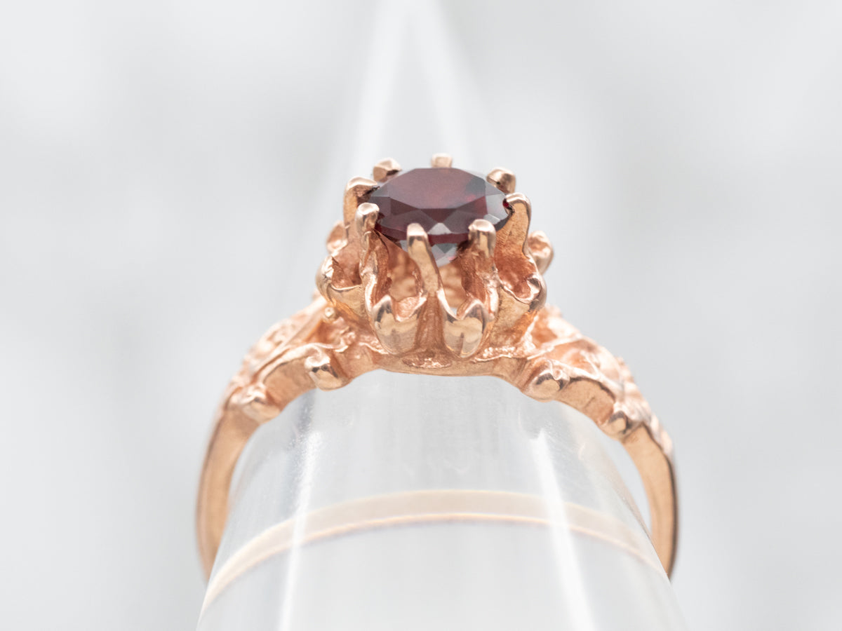 Ornate Rose Gold Garnet Solitaire Ring