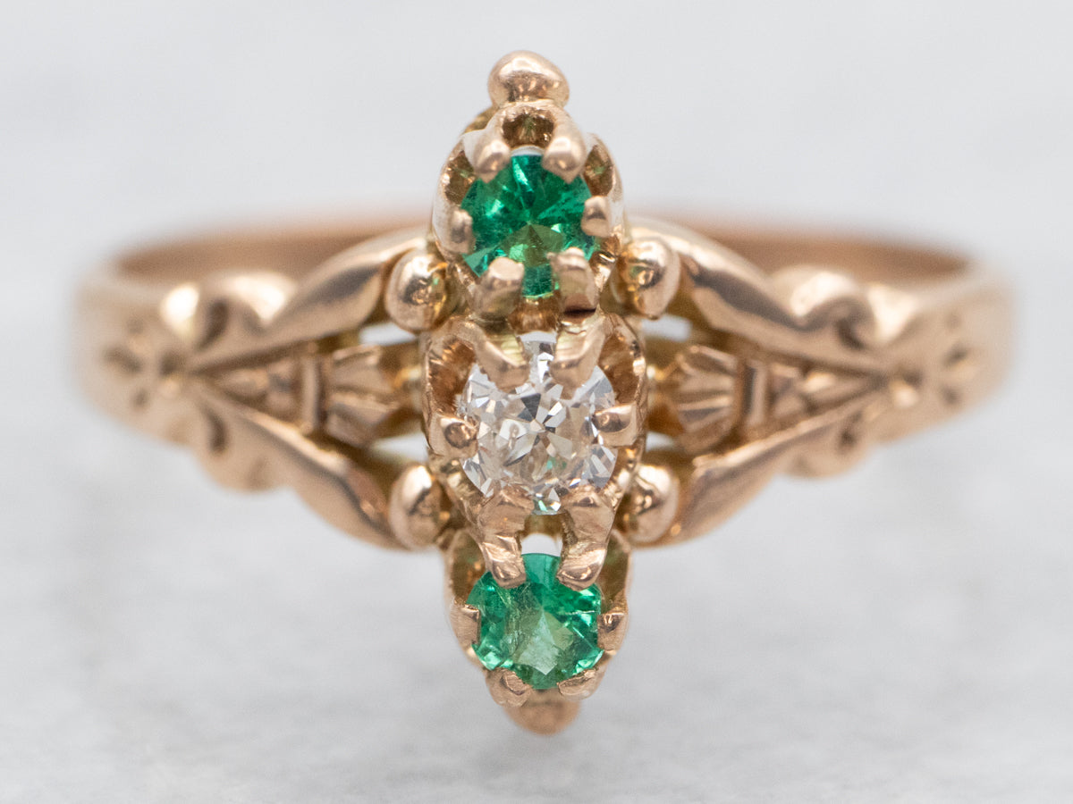 Victorian Old Mine Cut Diamond and Emerald Ring