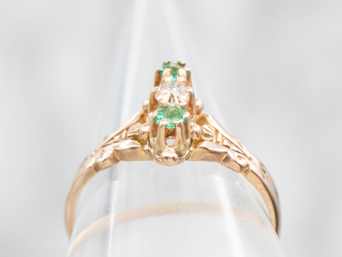 Victorian Old Mine Cut Diamond and Emerald Ring