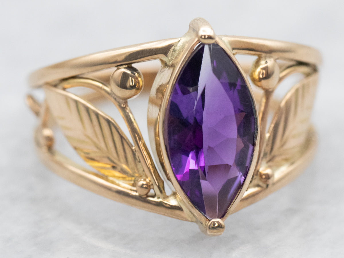 Vintage Marquise Cut Amethyst Ring with Leaf Details