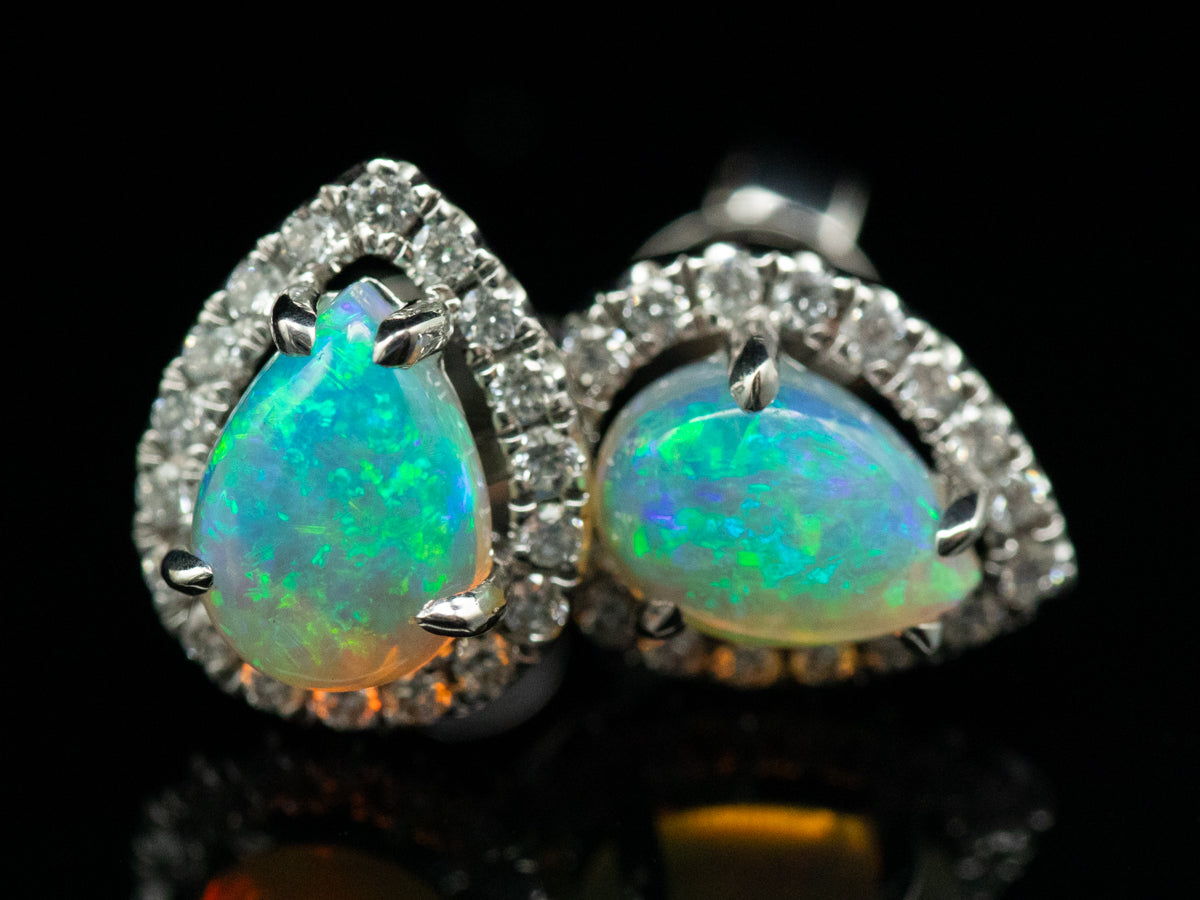 Teardrop Opal and Diamond Halo Stud Earrings