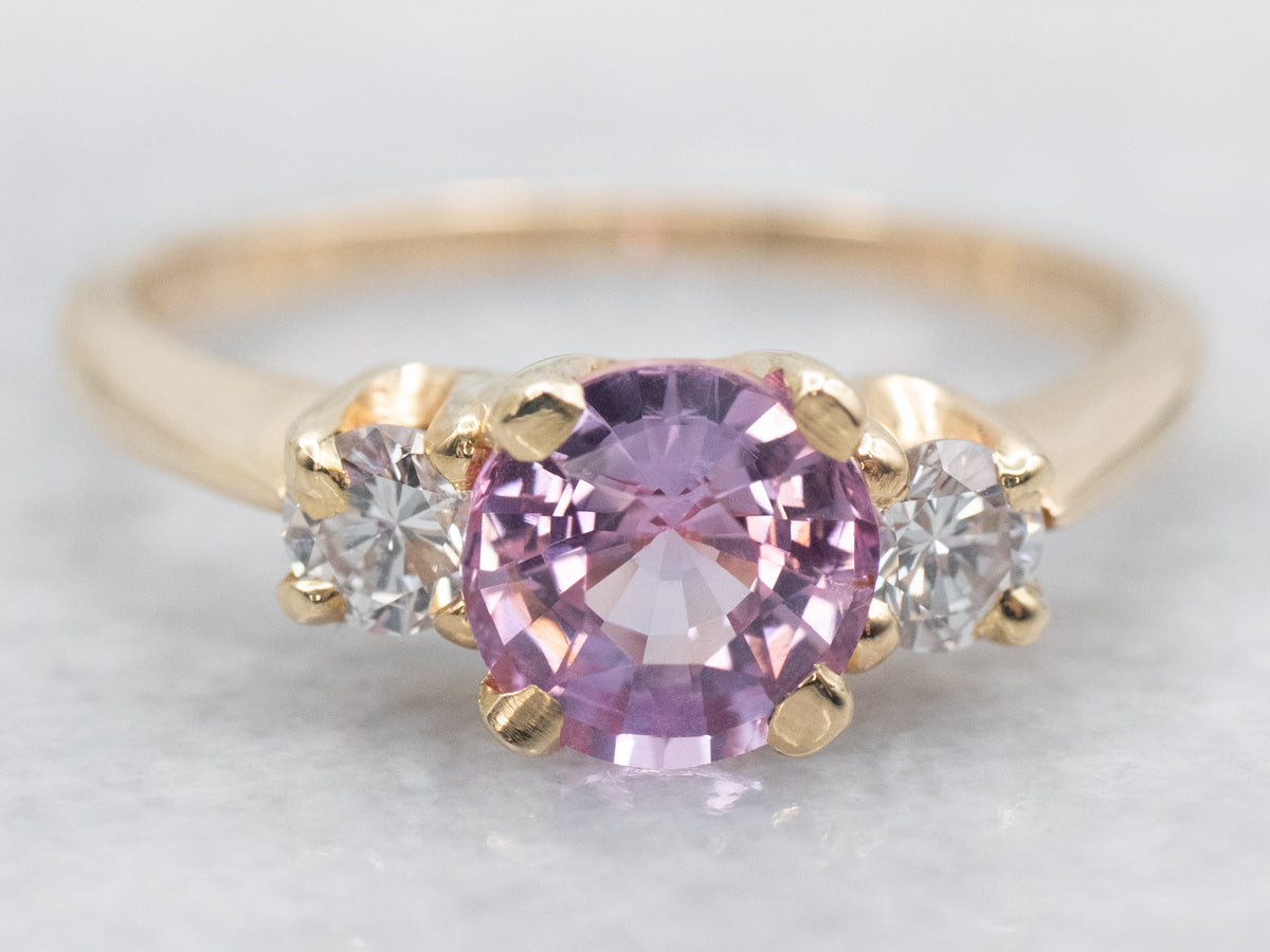 Light Pink Sapphire and Diamond Three Stone Engagement Ring