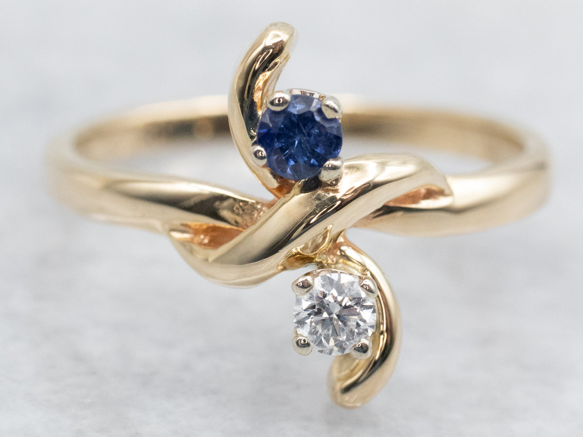 Sapphire Diamond and Gold Bypass Ring