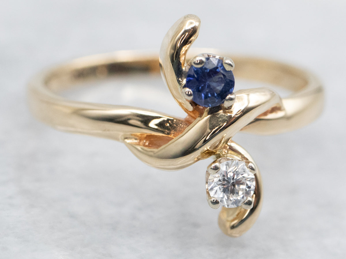 Sapphire Diamond and Gold Bypass Ring