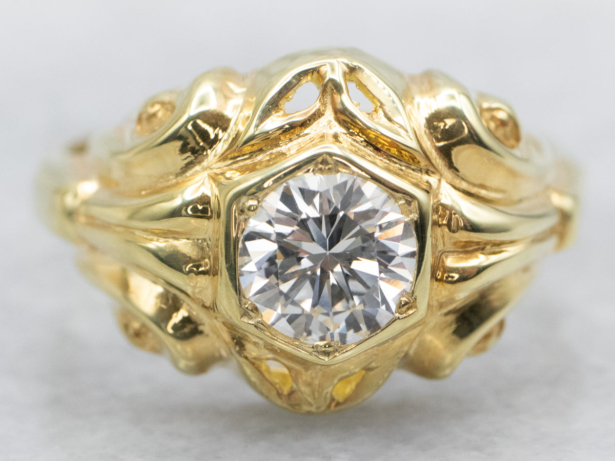 Ornate 18-Karat Gold GIA Diamond Engagement Ring