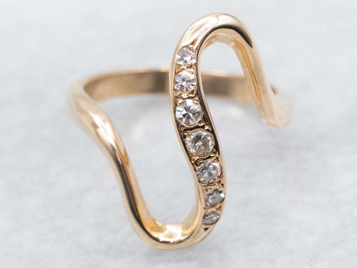 Modernist Diamond Scrolling Gold Ring