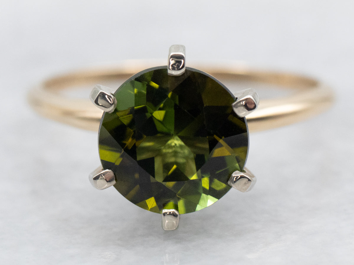 Two Tone Gold Green Tourmaline Solitaire Ring