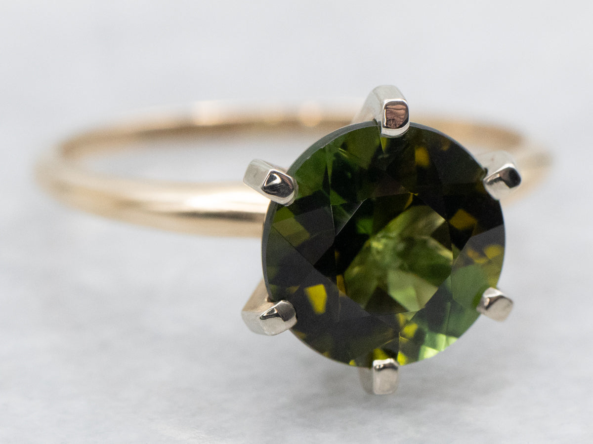 Two Tone Gold Green Tourmaline Solitaire Ring