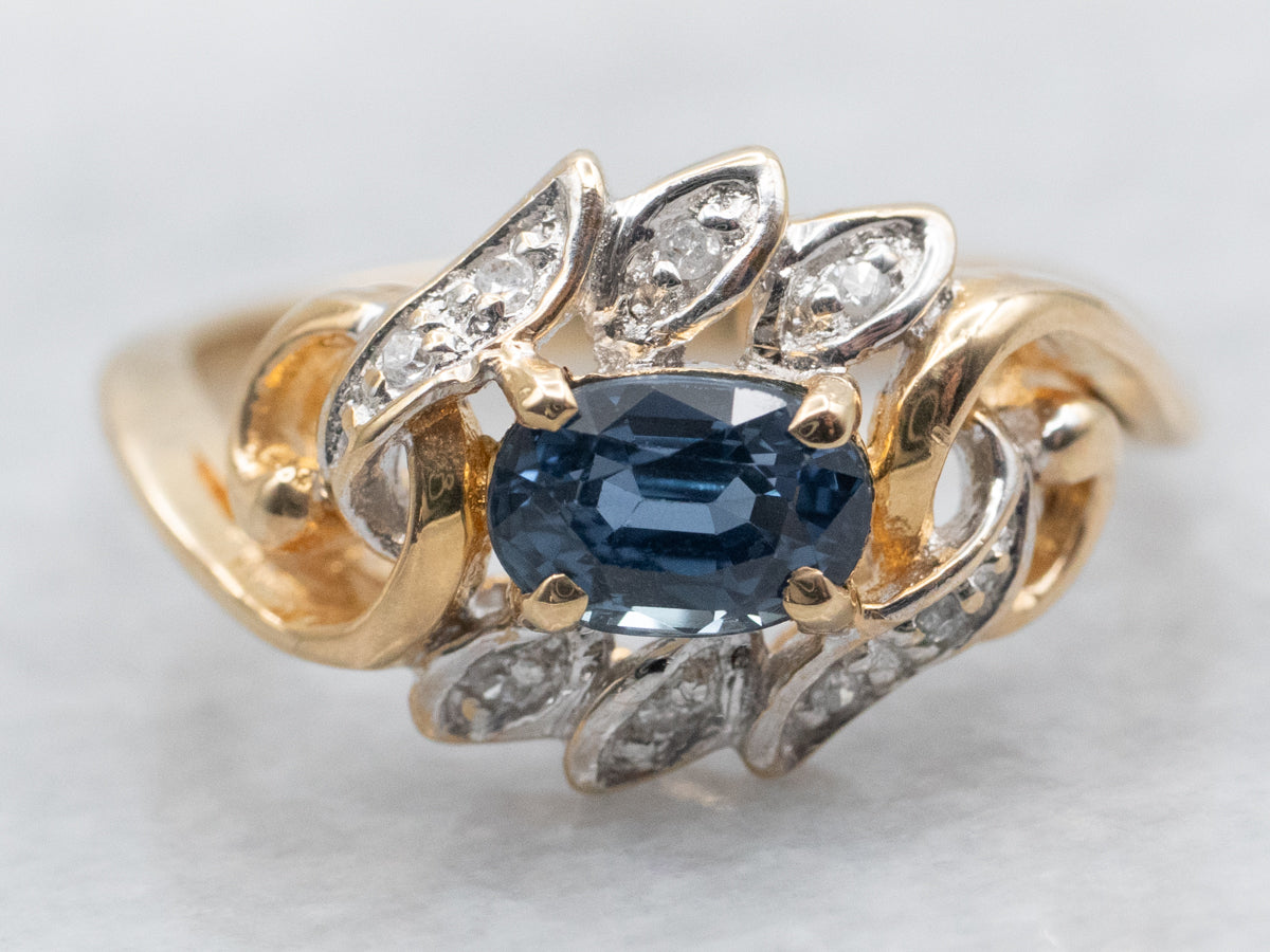 Retro Style Whimsical Blue Sapphire and Diamond Accent Ring