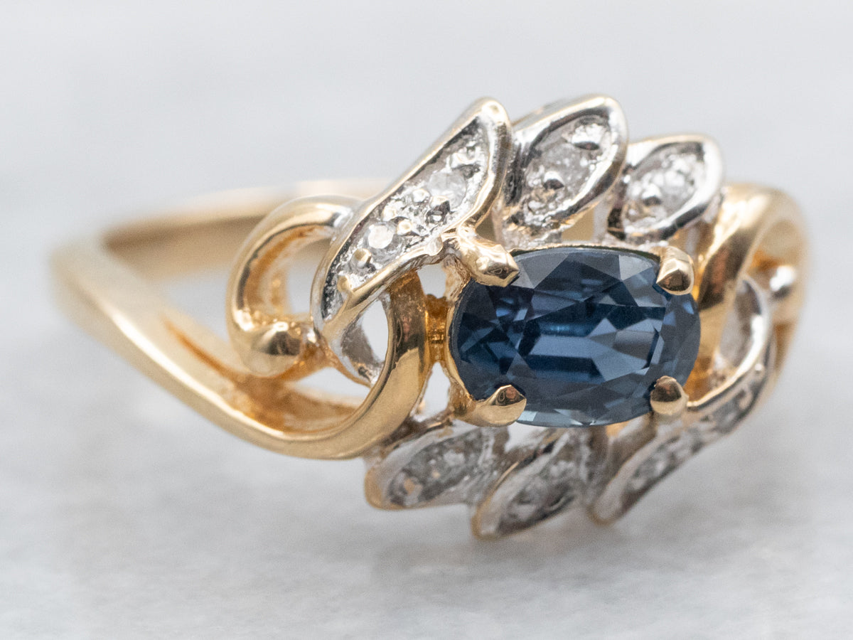 Retro Style Whimsical Blue Sapphire and Diamond Accent Ring