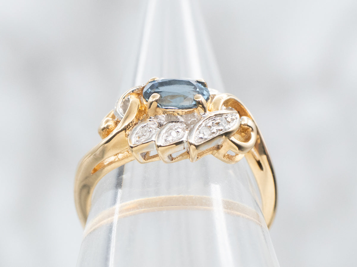 Retro Style Whimsical Blue Sapphire and Diamond Accent Ring