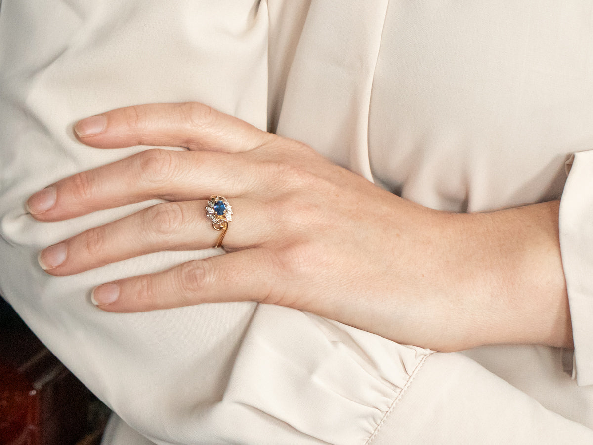 Retro Style Whimsical Blue Sapphire and Diamond Accent Ring