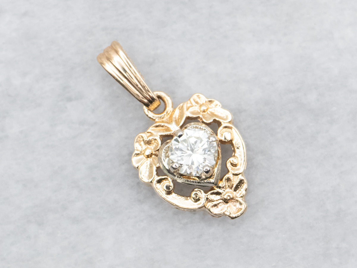 Retro Floral Diamond Heart Pendant