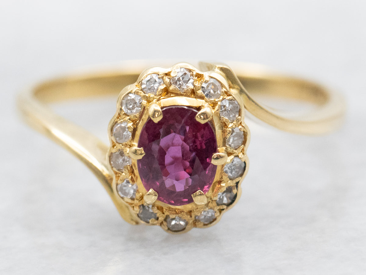 18K Gold Ruby and Diamond Halo Bypass Ring