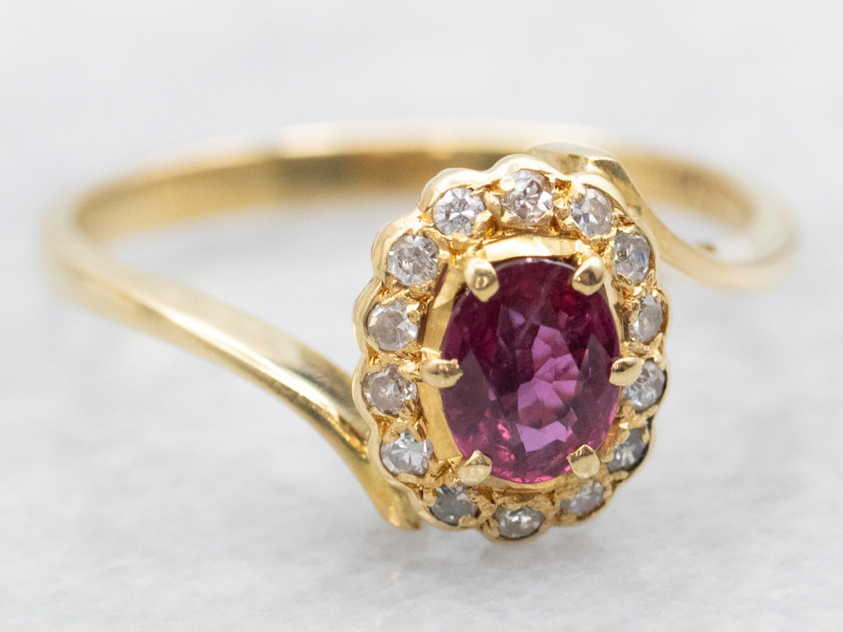 18K Gold Ruby and Diamond Halo Bypass Ring