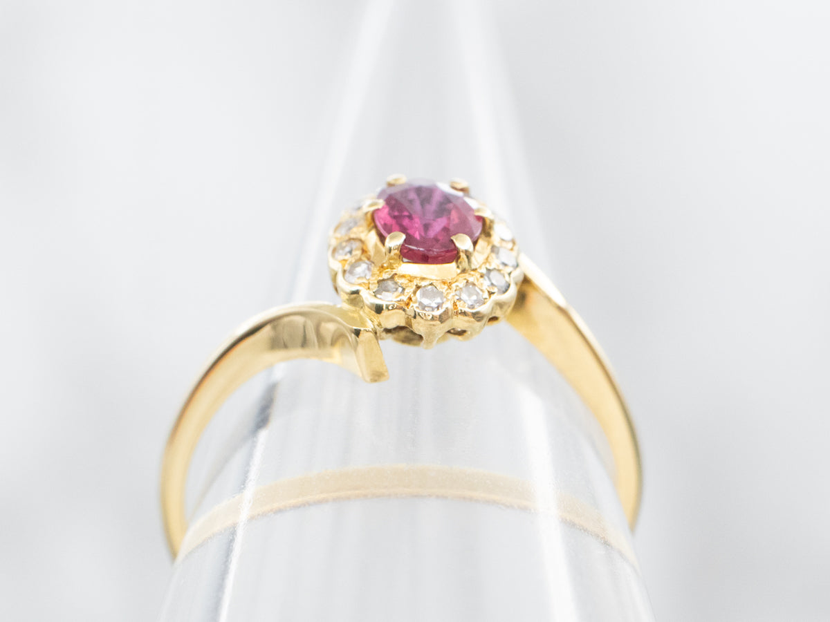 18K Gold Ruby and Diamond Halo Bypass Ring