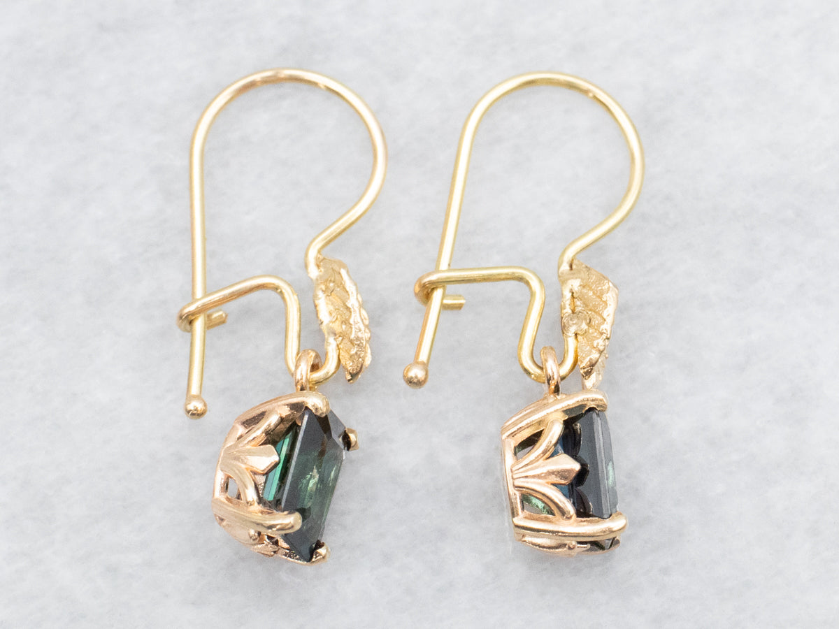 Gold Leaf Teal Sapphire Drop Earrings