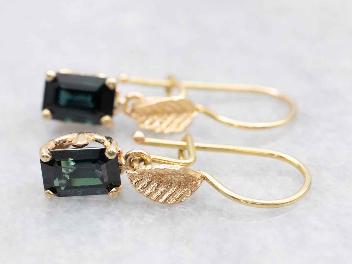 Gold Leaf Teal Sapphire Drop Earrings