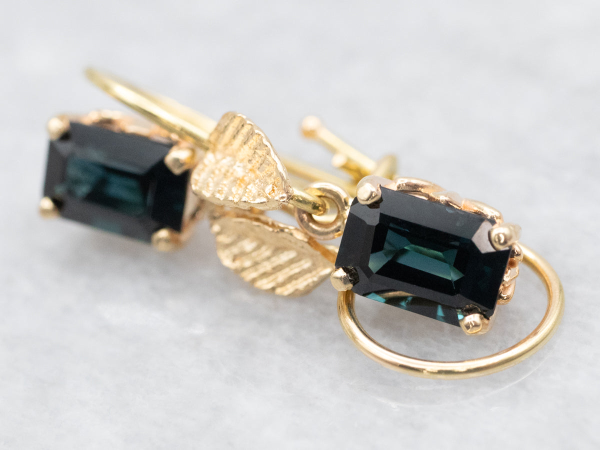 Gold Leaf Teal Sapphire Drop Earrings