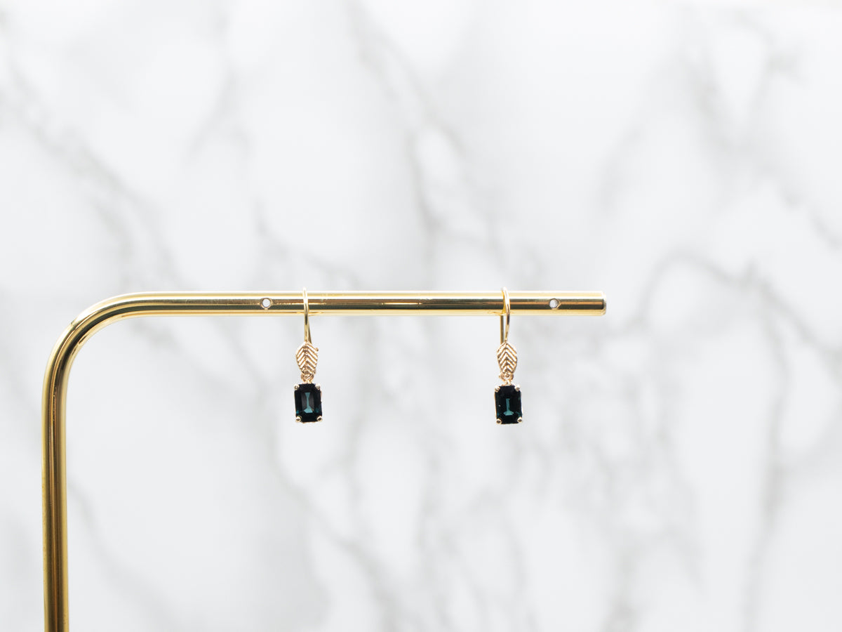 Gold Leaf Teal Sapphire Drop Earrings