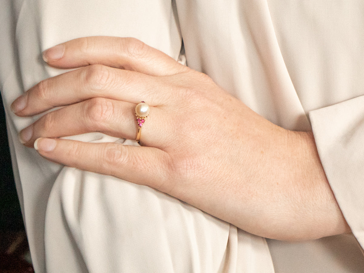 Saltwater Pearl and Synthetic Pink Sapphire Ring