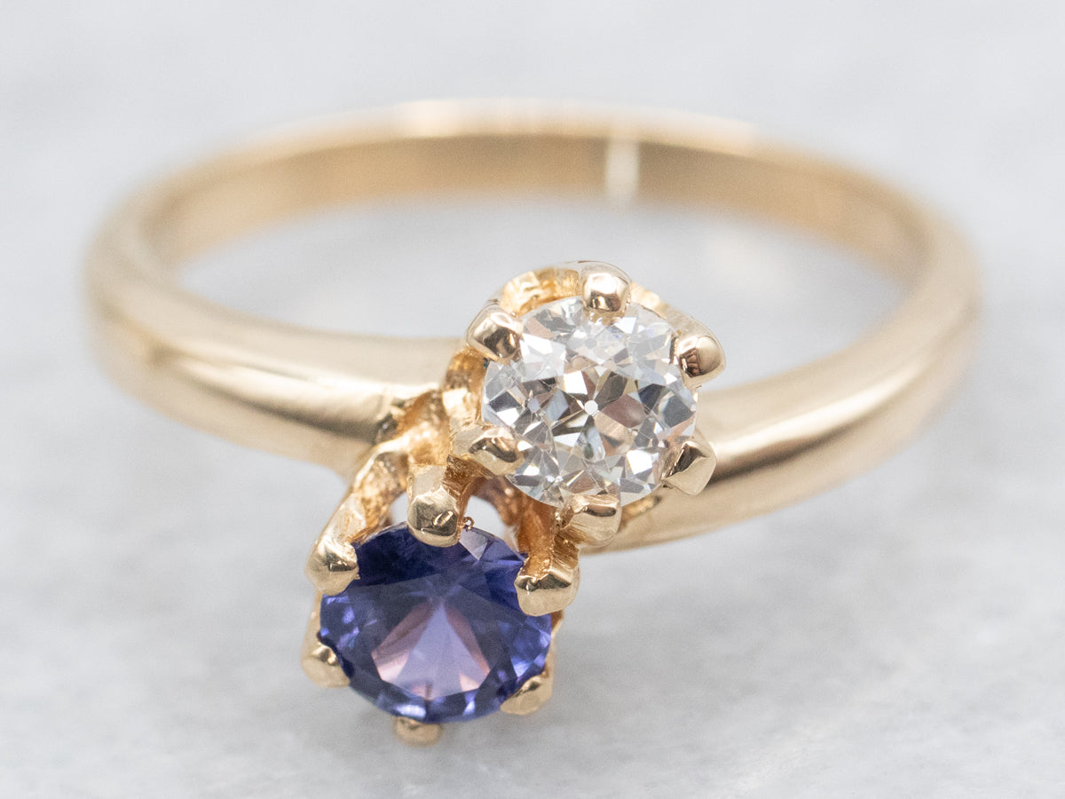 Purple Sapphire and Old Mine Cut Diamond Toi et Moi Ring