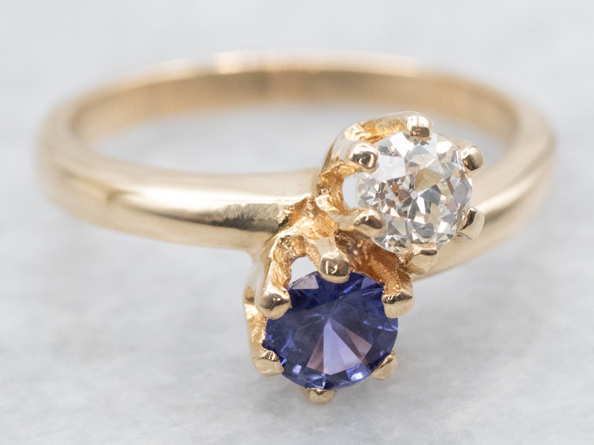 Purple Sapphire and Old Mine Cut Diamond Toi et Moi Ring