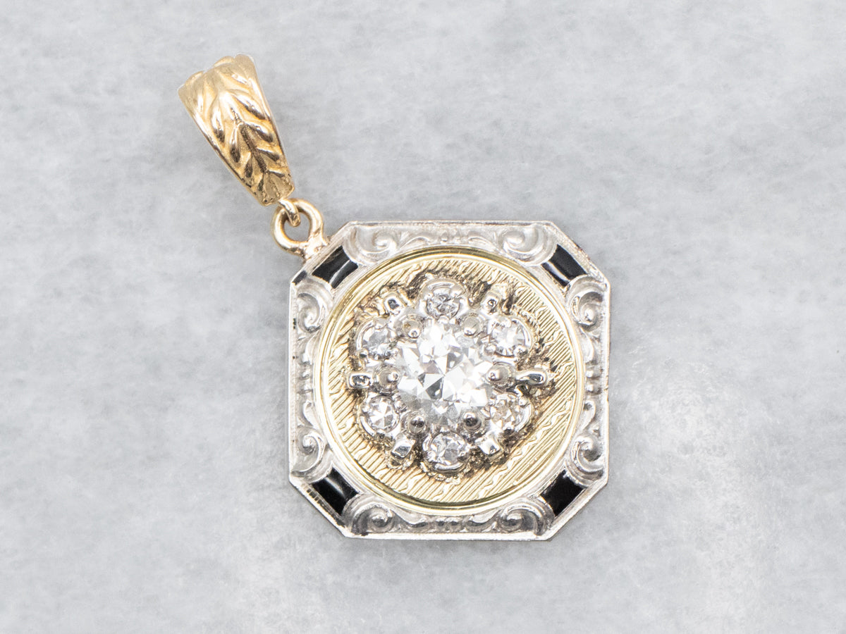 Art Deco Old European Cut Diamond Pendant with Black Enamel and Diamond Halo