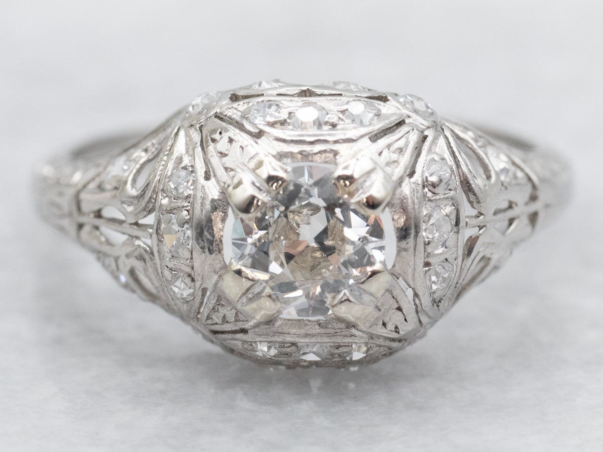 Art Deco European Cut Diamond Engagement Ring with Diamond Accents