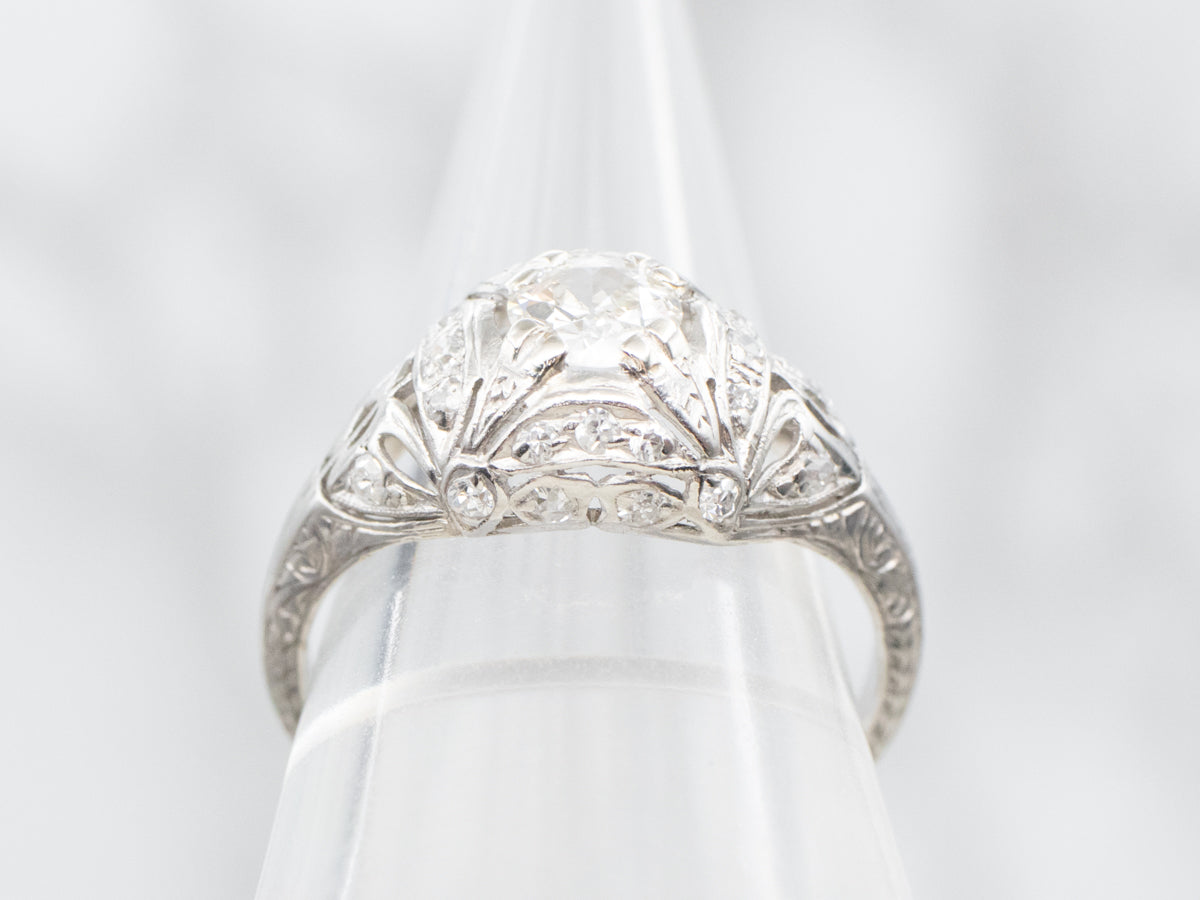 Art Deco European Cut Diamond Engagement Ring with Diamond Accents