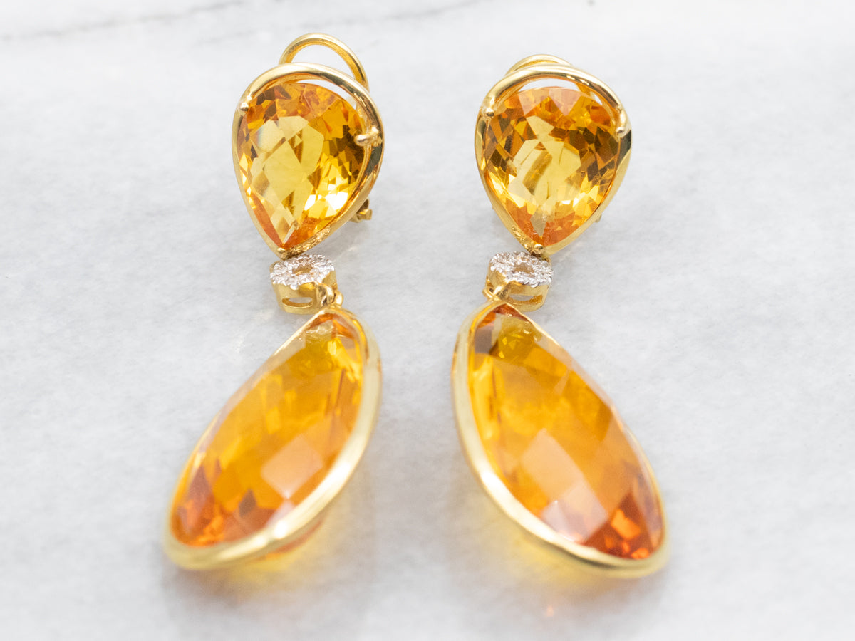 Gold Teardrop Citrine and Diamond Drop Earrings