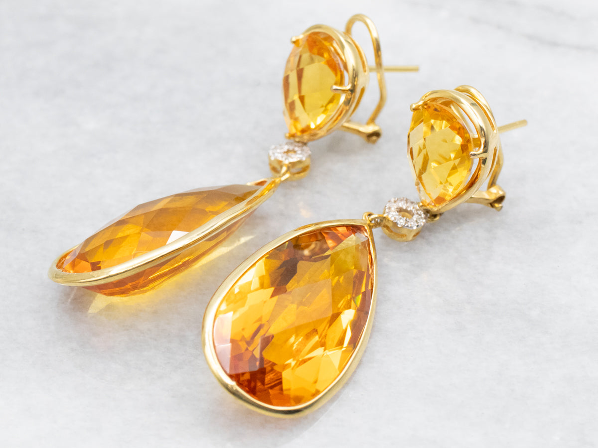 Gold Teardrop Citrine and Diamond Drop Earrings