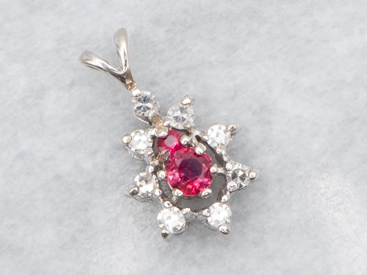 White Gold Ruby and Diamond Halo Pendant