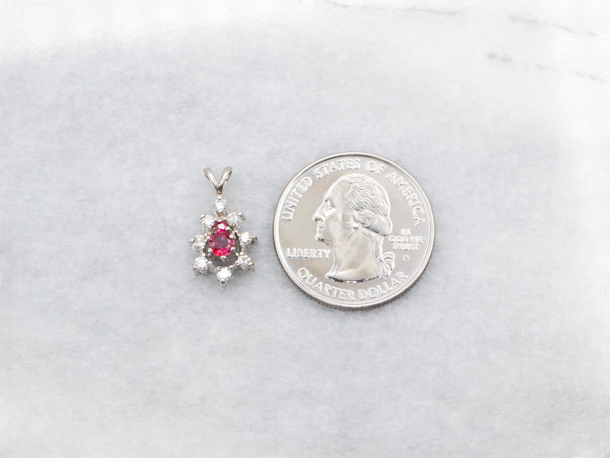 White Gold Ruby and Diamond Halo Pendant