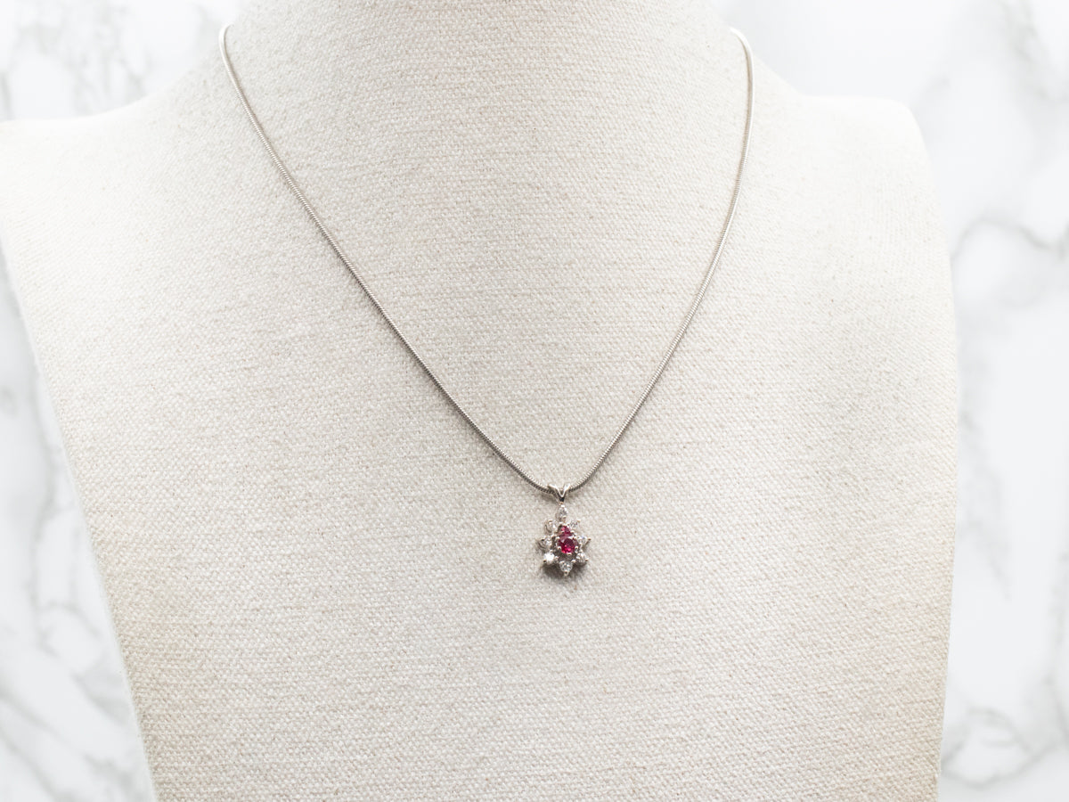 White Gold Ruby and Diamond Halo Pendant