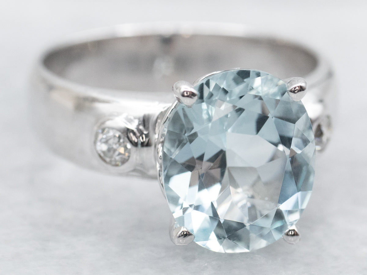 Aquamarine and Old Mine Cut Diamond Ring