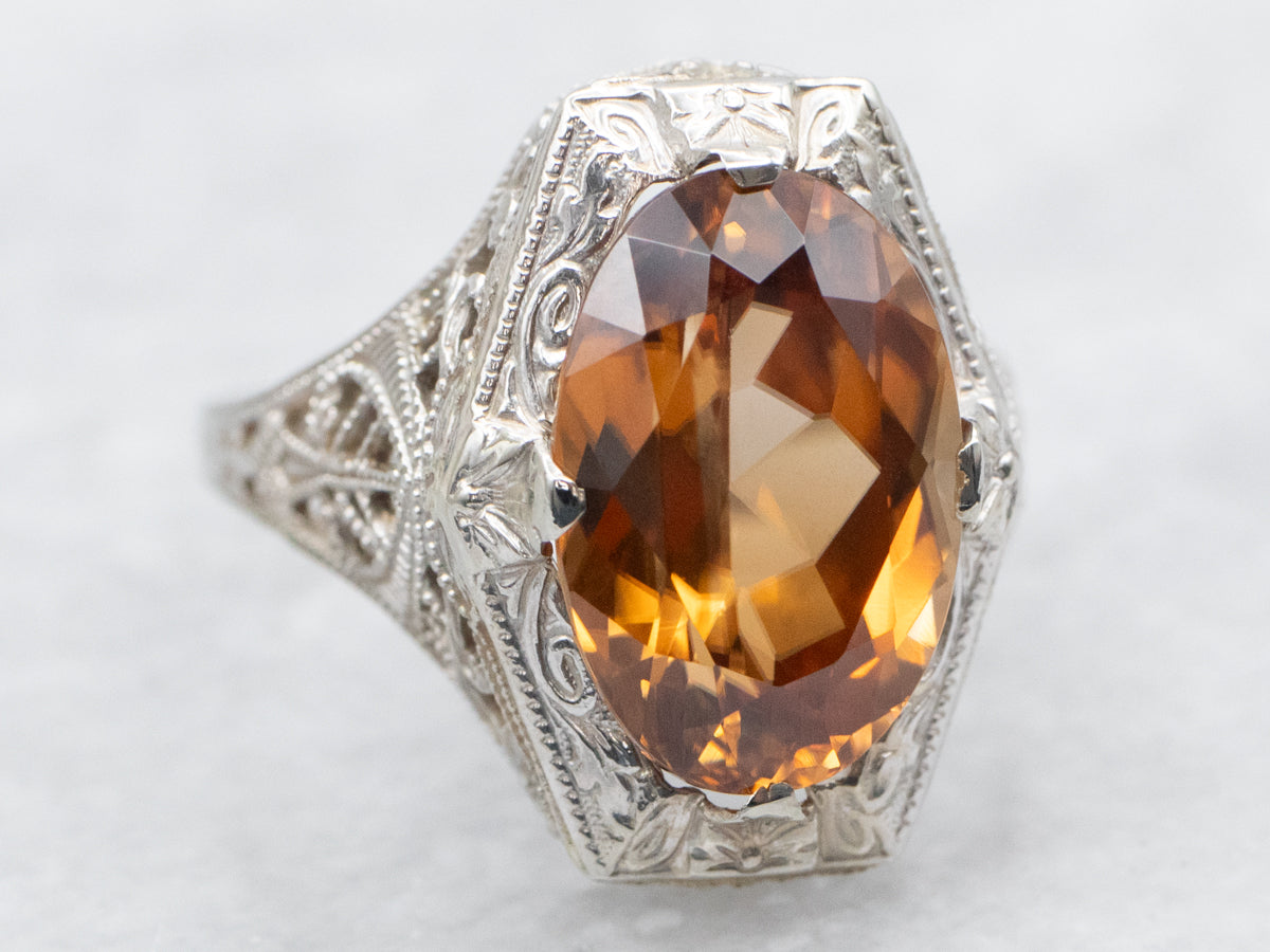 Art Deco Golden Brown Zircon Solitaire Ring